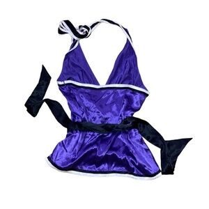 Vintage Y2K bebe Purple Silk Halter Top with Black & White Zig Zag Detail sz Med